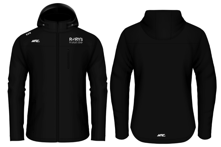 Black hooded jacket with front and back views, featuring white logos.