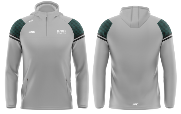 Gray hooded jacket with teal shoulder accents, shown from front and back views.