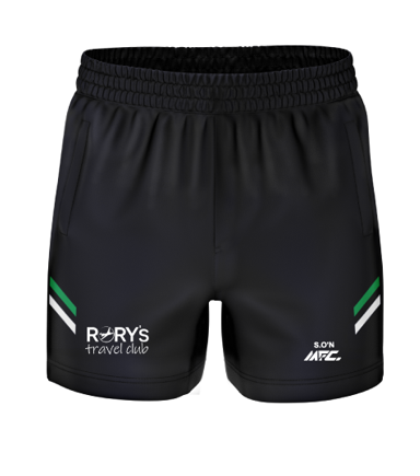 Black sports shorts with logo and green and white stripe design on the sides.