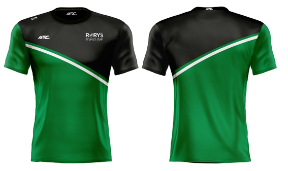Green and black sports jersey with white stripe, front and back view.