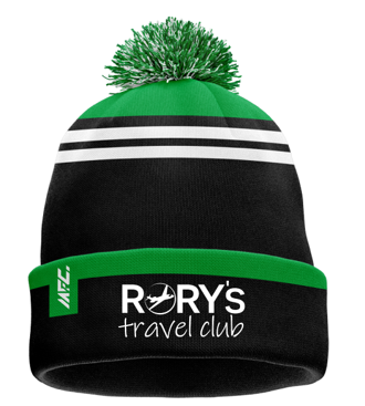 Black and green beanie hat with logo 'Rory's Travel Club' and a pom-pom on top.
